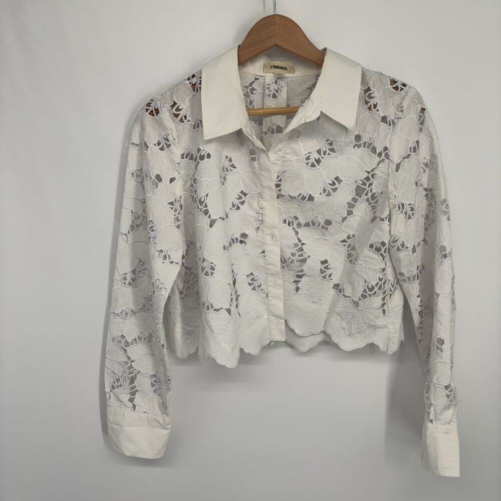 L'AGENCE Cropped Lace Button-Down Top